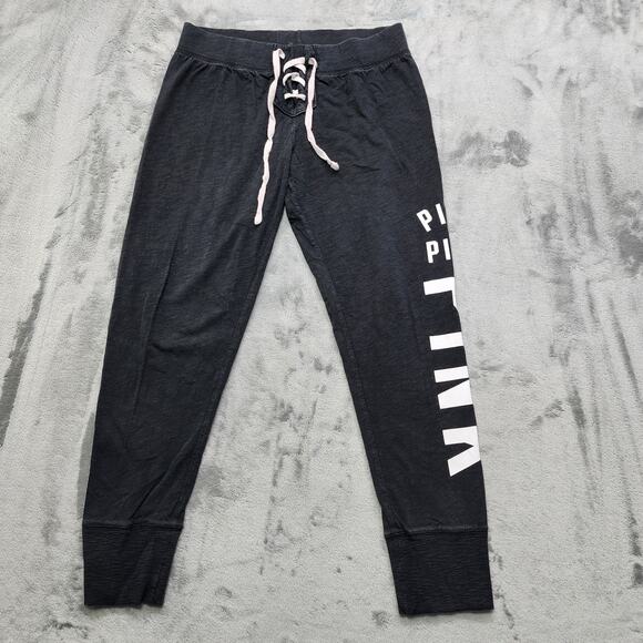PINK Victoria’s Secret Pants Womens S Black Pull On Lace Up Jogger Slim Leg Y2K - Picture 1 of 12